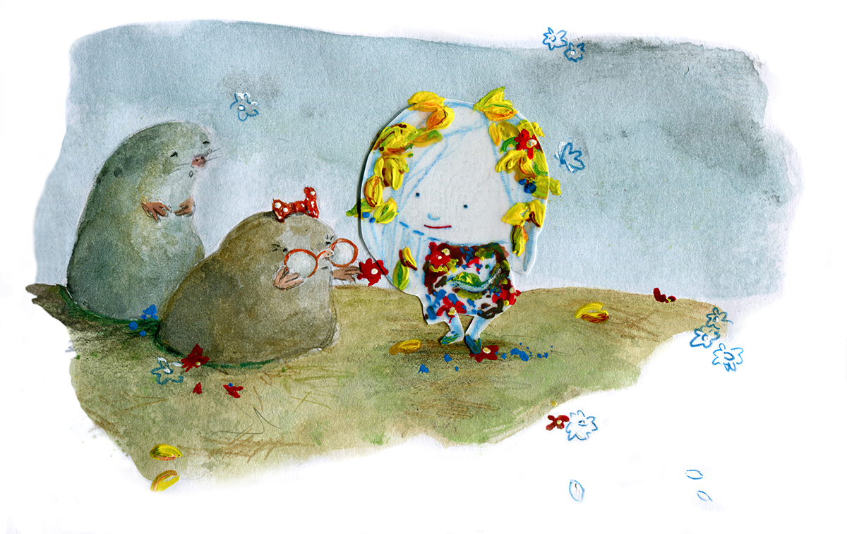 Illustration des unsichtbaren Mädchens Pepa, als sie, mit Blumen bedeckt, zwei Maulwürfe trifft