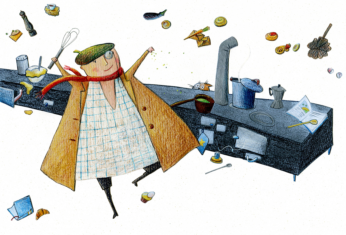 Kinderbuchillustration "Die wunderbare Geschichte von Herrn Öhm und den Teilchen": Herr Öhm werkelt und backt in seiner riesiegen Küche