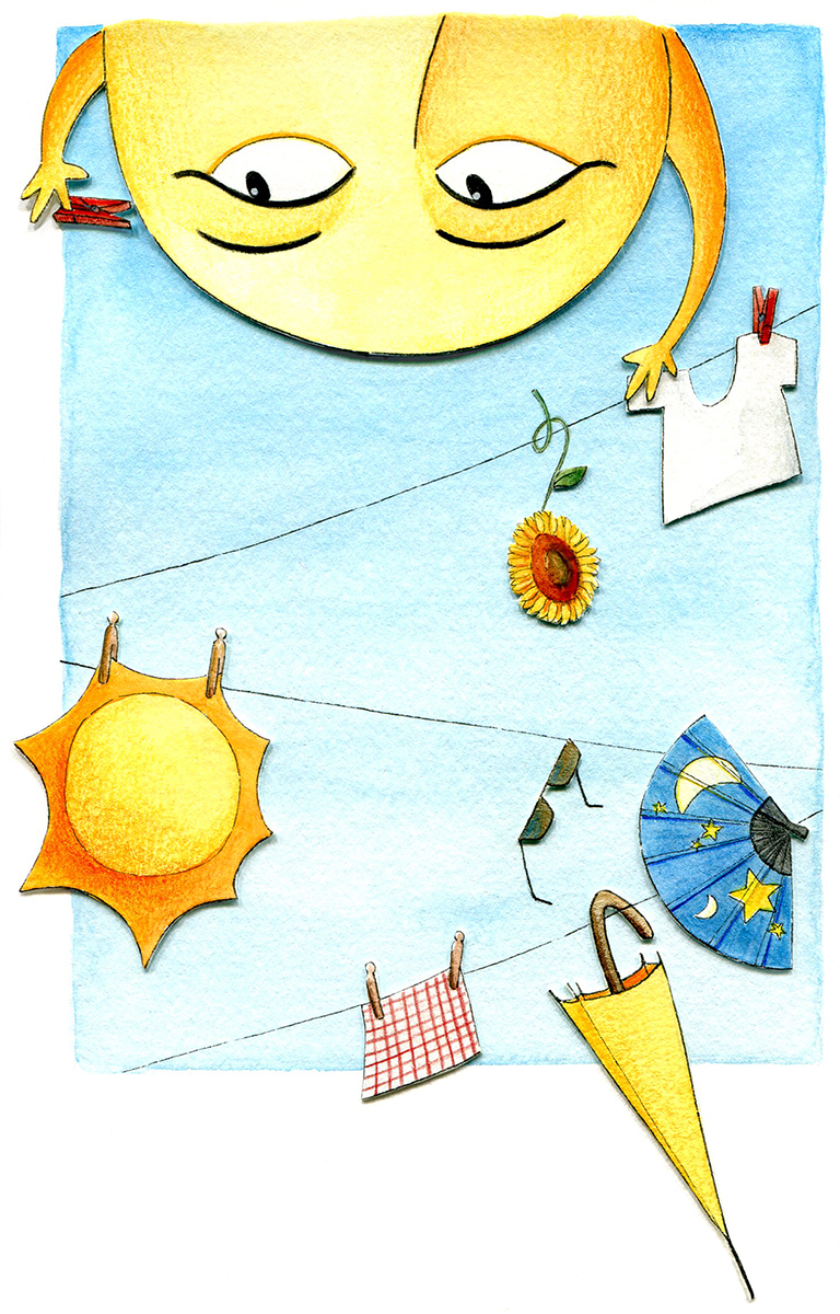 Kinderbuchillustration "Knethe Agnethe und die Reise zum Mond": Frau Sonne hängt ihre Wäsche zum Trocknen auf