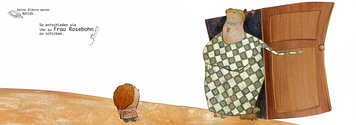 Kinderbuchillustration: Pep geht zu Frau Rosebohn, sie öffnet die Tür