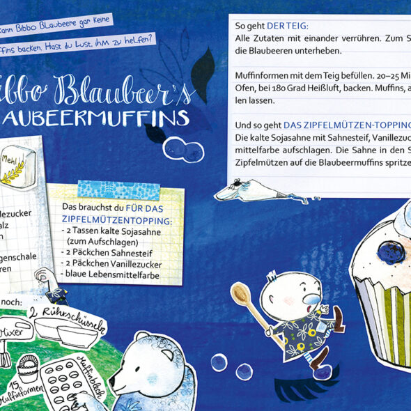 Illustration für ein Blaubeermuffinrezept aus Kinderbackbuch