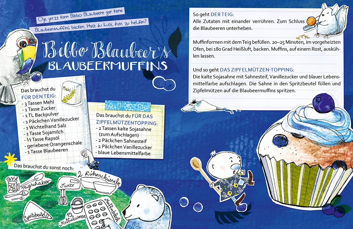 Illustration für ein Blaubeermuffinrezept aus Kinderbackbuch
