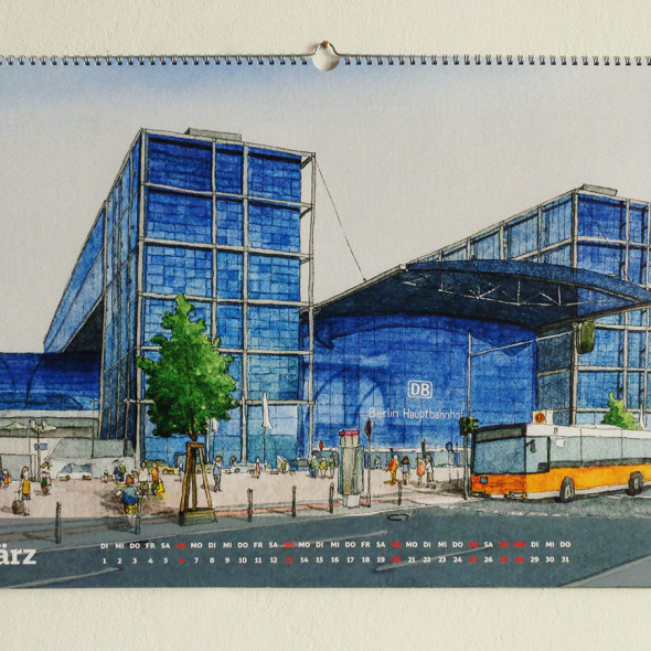 Kalender-Blatt März: Berlin Hauptbahnhof im Bahnhofkalender der Deutschen Bahn 2016