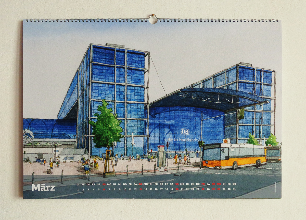 Kalender-Blatt März: Berlin Hauptbahnhof im Bahnhofkalender der Deutschen Bahn 2016