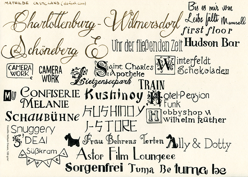 Stadtillustration: Handgeschriebene Schriftzüge für Charlottenburg-Wilmersdorf und Schöneberg und seine Lokalitäten