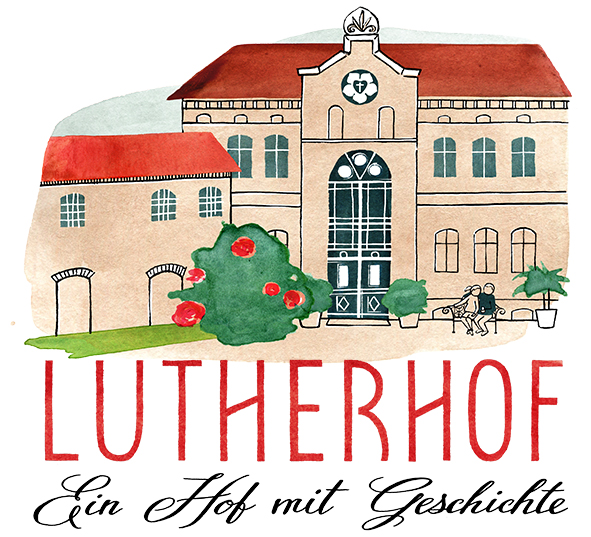Logo vom Lutherhof: Hofgebäude mit handgeschriebem Claim "Ein Hof mit Geschichte"