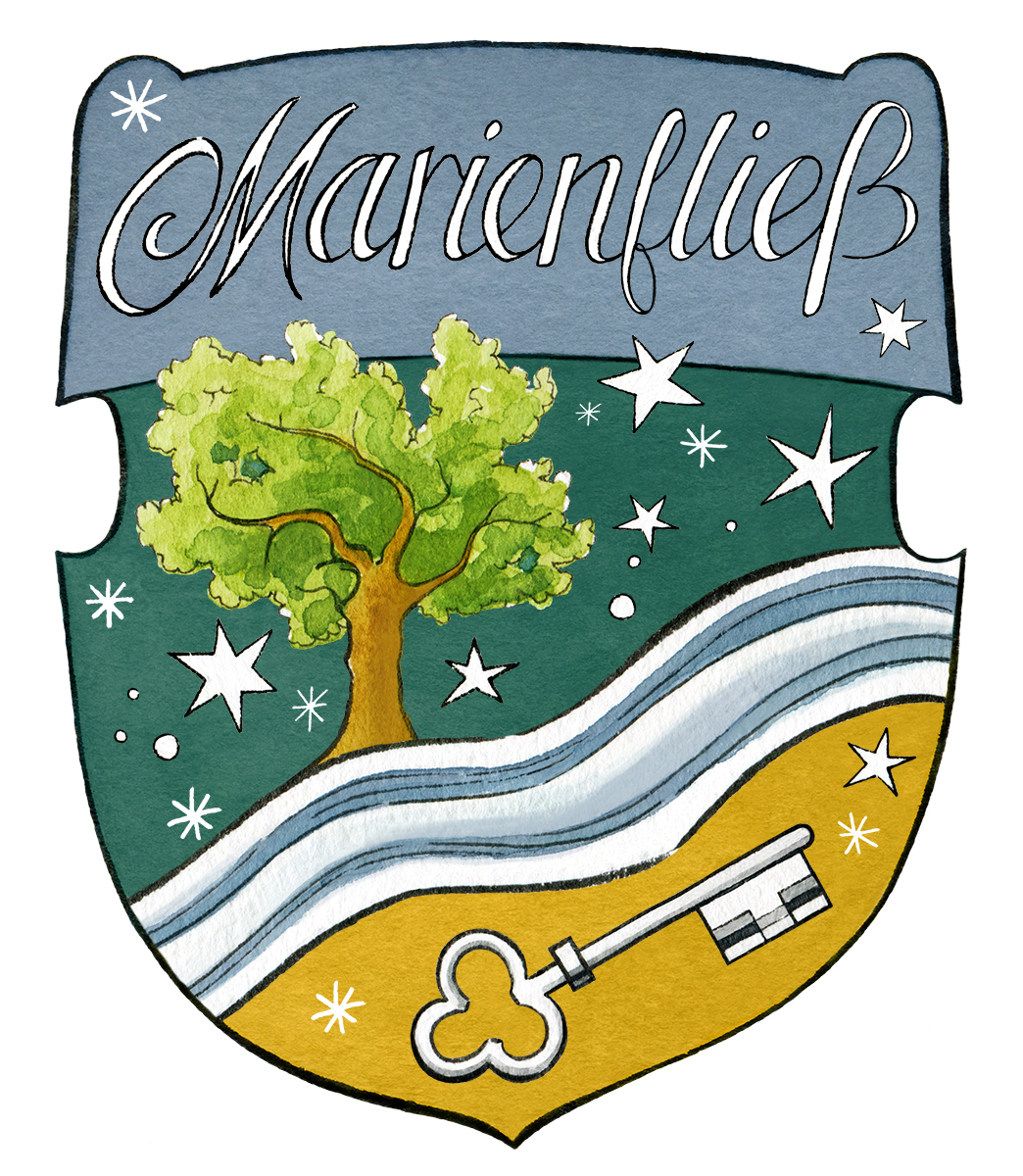 Wappen vom Klostergartenhotel Marienfließ mit Naturelementen wie Baum, Fluss und Sternen-Himmel