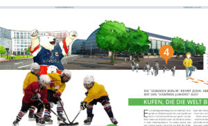 Illustration der Eisbären Berlin als Fotomontage vor Sporthalle für GASAG-Magazin