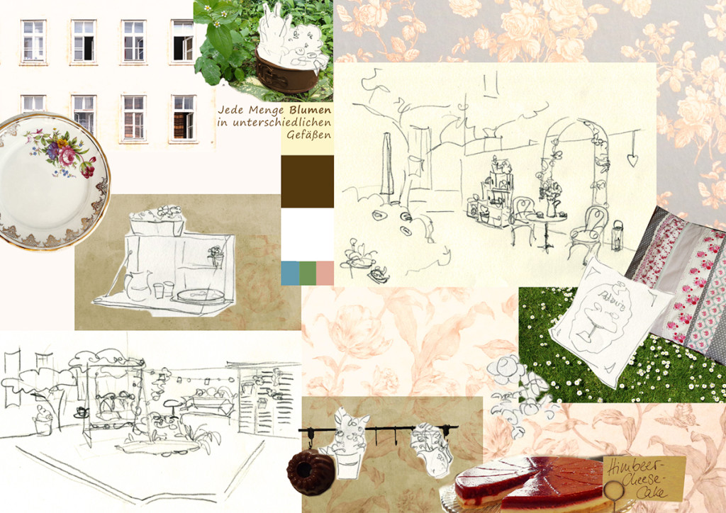 Skizze für Moodboard zur Neugestaltung des Innenhofs eines Cafés: Fotos, Farbpalette, Illustrationen, einstimmende Elemente