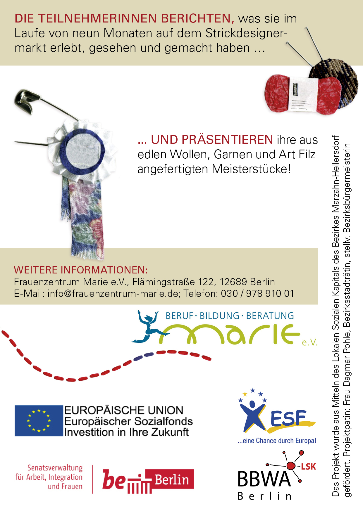 Postkarte: Einladung zur Abschlussveranstaltung des Projekts StrickWare mit Logos der Förderer. Collage (Papier, Stoff und Kurzwaren)