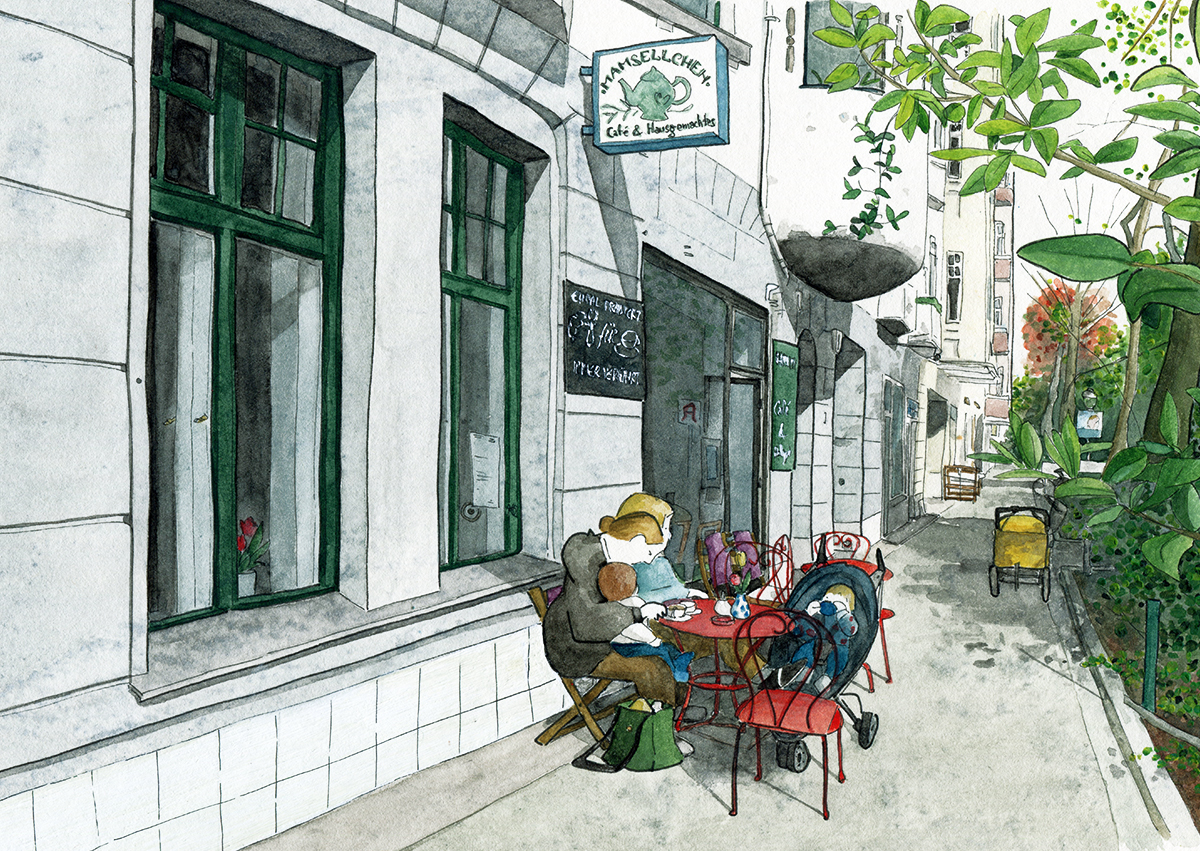 illustrierte Postkarten Café "Mamsellchen", Aquarell und Tusche