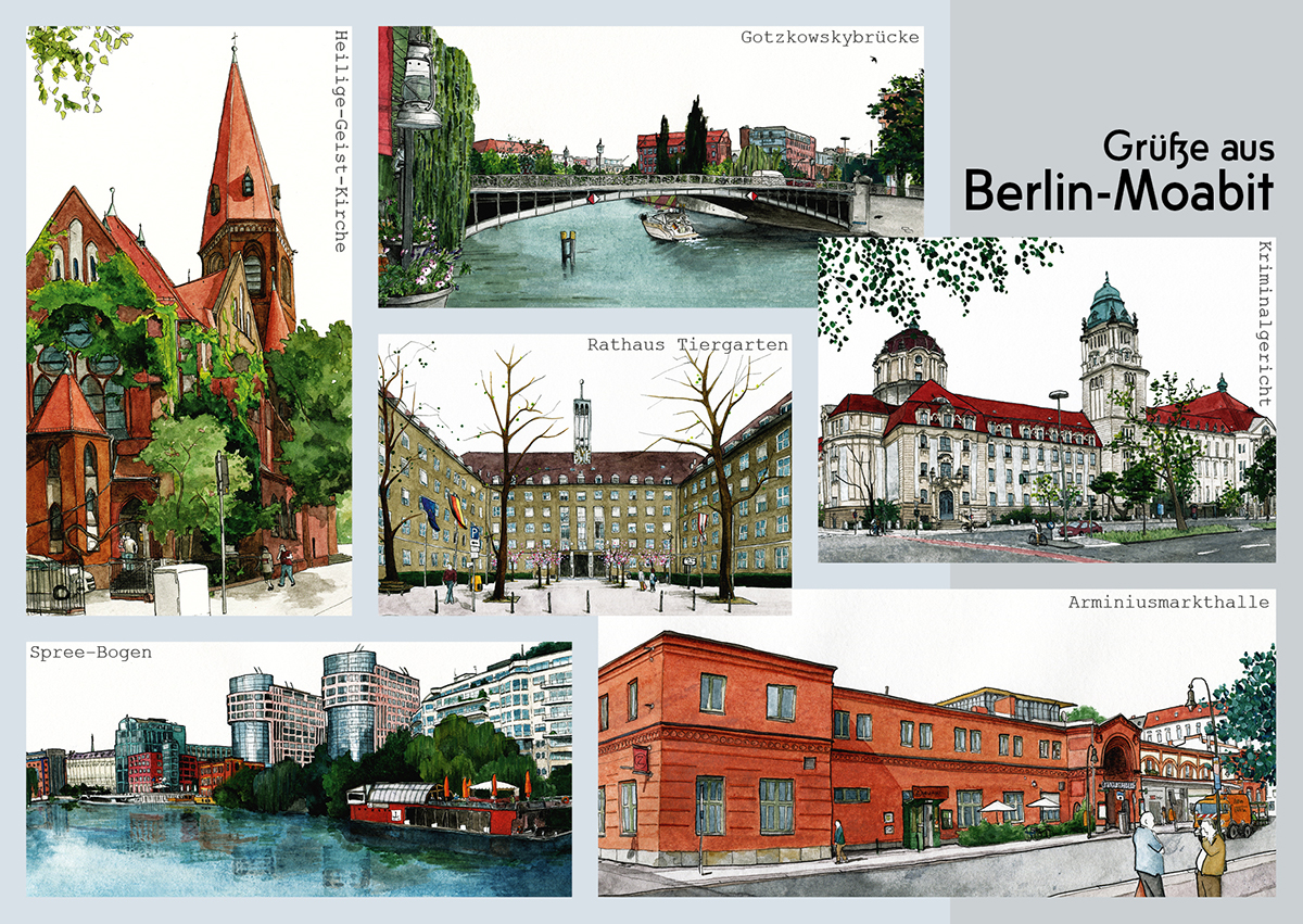 Illustrierte Postkarten "Grüße aus Berlin-Moabit", Aquarell und Tusche