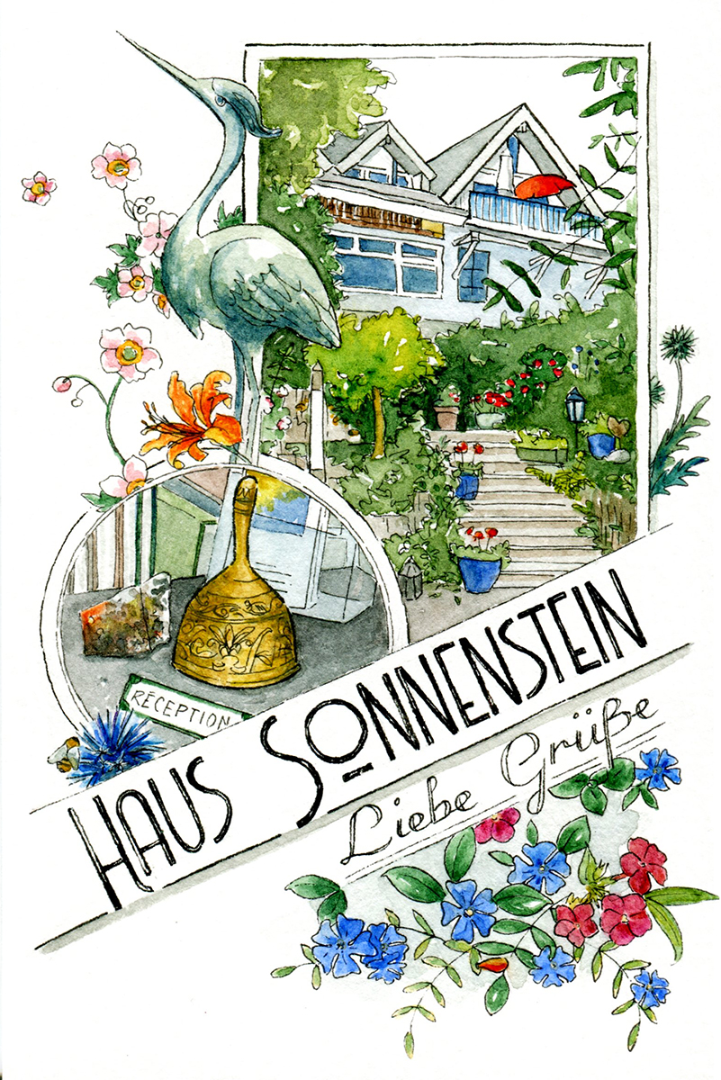 Illustrierte Postkarte "Hotel Sonnenstein Liebe Grüße" mit Haus, Blumen, Dekor