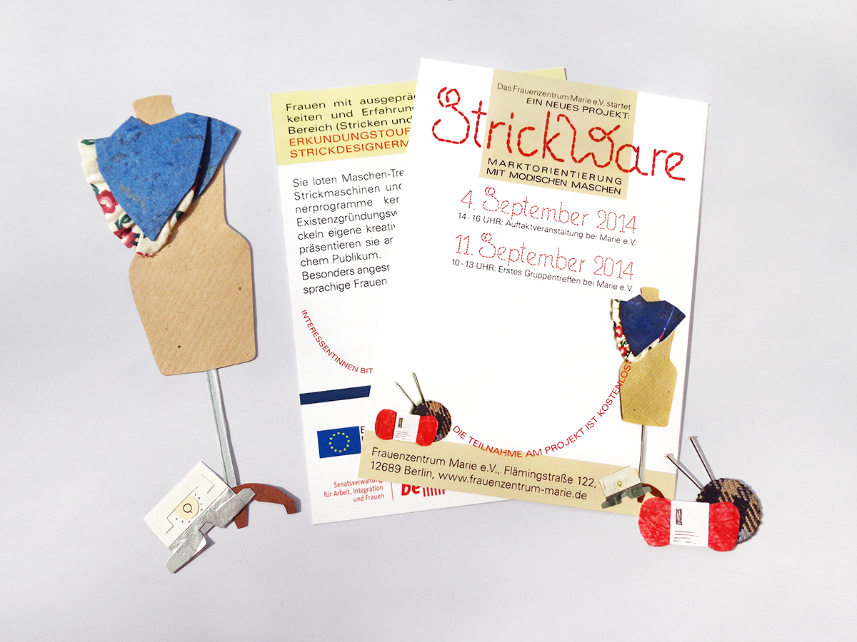 Postkarte: Einladung zum Projekt StrickWare. Collage (Papier, Stoff und Kurzwaren)