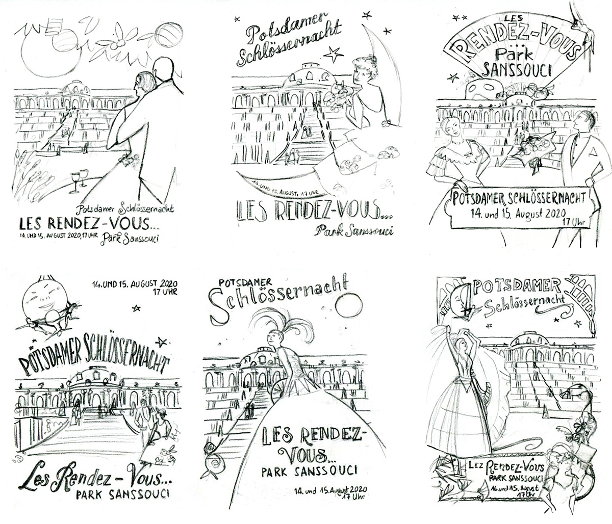 Sechs Schwarz-Weiß-Skizzen mit unterschiedlichen Motiven für die Potsdamer Schlössernacht 2020.