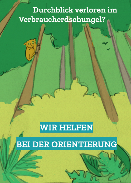 Skizze für die Postkarte "Verbraucherdschungel": Maki am Baum in tropischem Wald