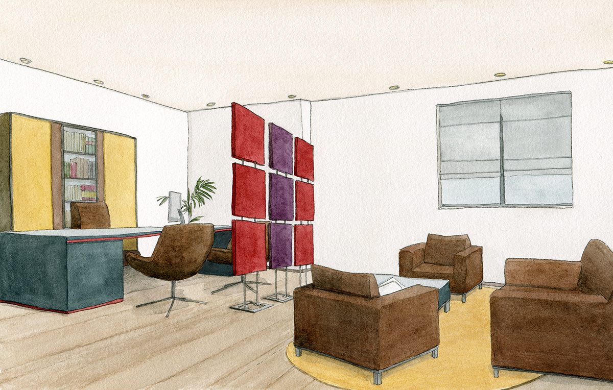 Illustrierte Visualisierung von akustischen Elementen als quadratische Raumtrenner in einem Büro, Sara Contini-Frank