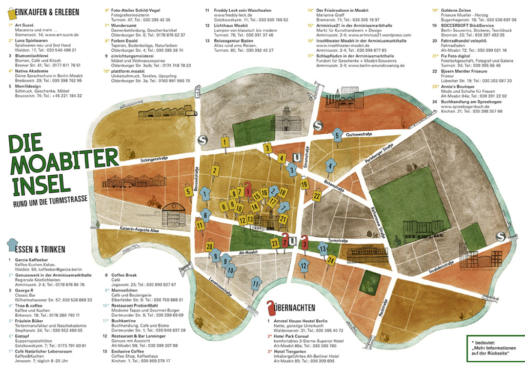 Stadtkarte vom Kiez Berlin-Moabit mit Straßen, Gewerbe, Gastronomie, Hotels